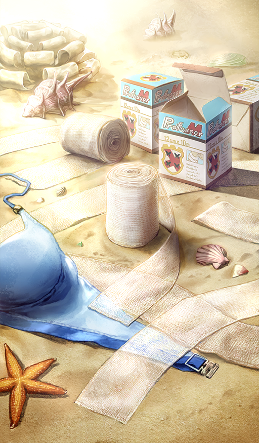 beach, bikini, blue_bikini, box, coat_of_arms, commentary, conch, day