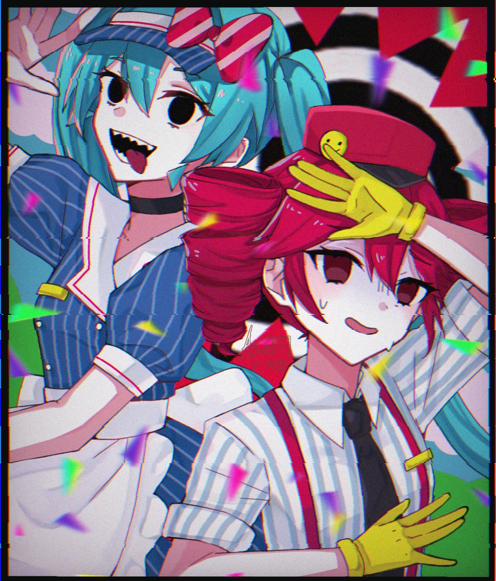2girls, apron, arms_up, black_choker, black_necktie, blue_dress, blue_hair, blue_hat, bow, choker, collared_dress, collared_shirt, confetti, dress, drill_hair, gloves, hair_between_eyes, hashtag-only_commentary, hat, hat_bow, hatsune_miku, icy_asairi, kasane_teto, kepi, long_hair, mesmerizer_(vocaloid), military_hat, multiple_girls, necktie, pinstripe_dress, pinstripe_hat, pinstripe_pattern, red_bow, red_eyes, sailor_collar, scared, sharp_teeth, shirt, sleeves_rolled_up, smiley_hat_ornament, solid_oval_eyes, striped_clothes, striped_shirt, sweat, teeth, tongue, tongue_out, twin_drills, twintails, utau, visor_cap, vocaloid, waist_apron, white_apron, white_bow, wing_collar, yellow_gloves