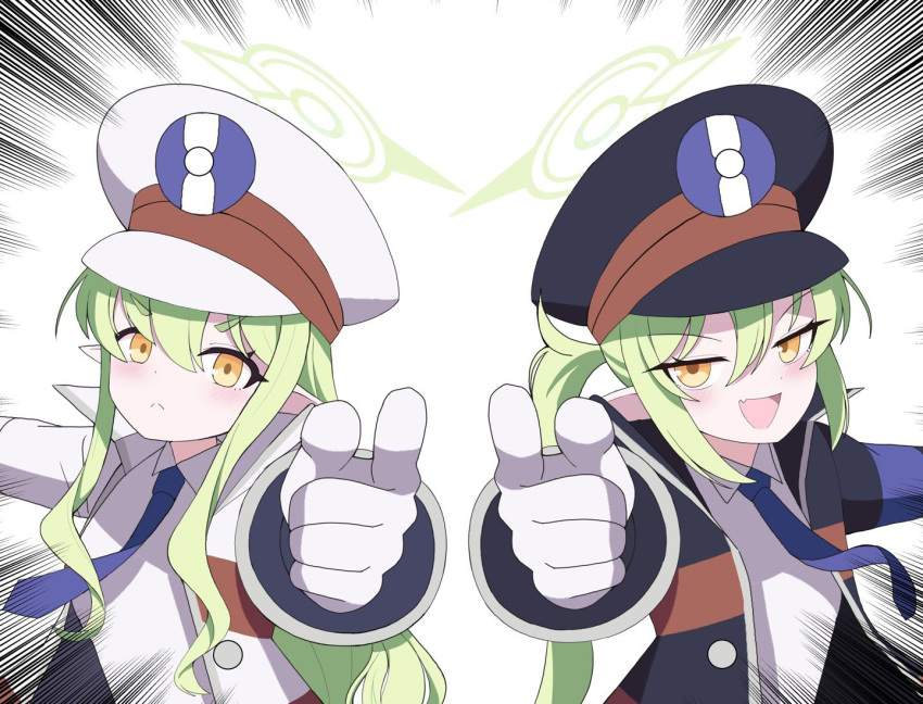 2girls, :<, :d, black_hat, black_jacket, blue_archive, blue_necktie, blush, collared_shirt, commentary_request, cosplay, cran_berrie, emmet_(pokemon), emmet_(pokemon)_(cosplay), emphasis_lines, fang, green_hair, green_halo, hair_between_eyes, halo, hat, hikari_(blue_archive), index_finger_raised, ingo_(pokemon), ingo_(pokemon)_(cosplay), jacket, korean_commentary, looking_at_viewer, multiple_girls, necktie, nozomi_(blue_archive), open_clothes, open_jacket, open_mouth, outstretched_arms, peaked_cap, pointing, pointing_at_viewer, pokemon, pokemon_bw, shirt, siblings, side-by-side, sidelocks, simple_background, sisters, skin_fang, smile, split_mouth, thick_eyebrows, train_conductor, trait_connection, twins, twintails, upper_body, v-shaped_eyebrows, wavy_hair, white_background, white_hat, white_jacket, white_shirt, yellow_eyes