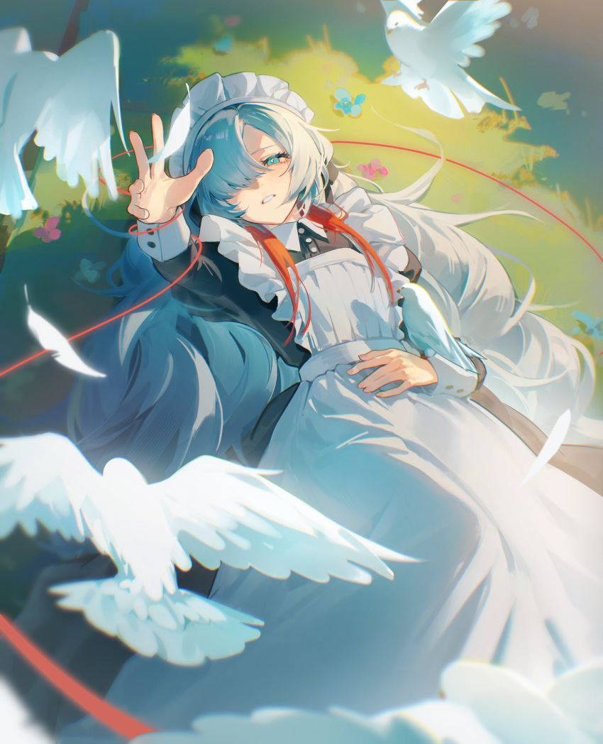 1girl, absurdres, alternate_costume, apron, bird, black_dress, blue_eyes, dress