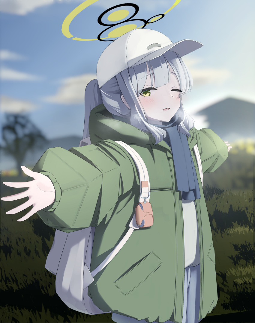 1girl, ;d, absurdres, backpack, bag, black_halo, black_scarf, blue_archive