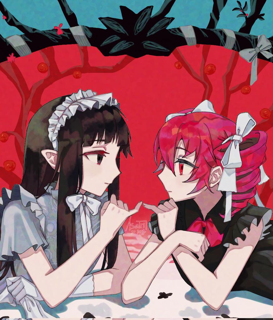 2girls, black_dress, black_eyes, black_hair, bow, closed_mouth, dress, elbow_gloves, expressionless, frilled_dress, frilled_hairband, frills, gloves, grey_dress, hair_between_eyes, hair_bow, hairband, icy_asairi, kasane_teto, looking_at_another, lying, mai_(synthesizer_v), multiple_girls, neck_ribbon, on_stomach, red_background, red_eyes, red_ribbon, ribbon, simple_background, single_elbow_glove, synthesizer_v, twin_drills, twintails, utau, white_bow, white_hairband, white_ribbon