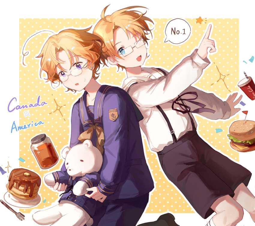 2boys, :d, :o, absurdres, ahoge, america_(hetalia), axis_powers_hetalia, black_shorts, blonde_hair, blue_eyes, blue_sailor_collar, blue_shirt, border, burger, canada_(hetalia), cola, cup, disposable_cup, dongfang_shuyechu, drinking_straw, dutch_angle, feet_out_of_frame, food, fork, glasses, highres, holding, holding_stuffed_toy, honey, index_finger_raised, jar, looking_at_viewer, multiple_boys, outside_border, pancake, polka_dot, polka_dot_background, sailor_collar, shirt, short_hair, shorts, smile, speech_bubble, stuffed_animal, stuffed_toy, suspender_shorts, suspenders, sweat, teddy_bear, violet_eyes, white_border, white_sailor_collar, white_shirt, yellow_background