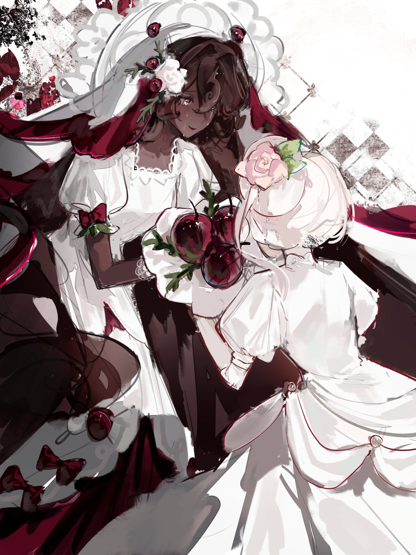 2girls, black_forest_cookie, boquet, brown_hair, cookie_run, cookie_run:_kingdom, crying, dark-skinned_female