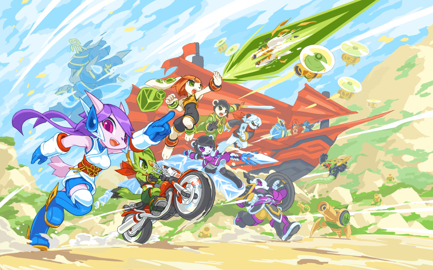 5girls, 6+boys, absurdres, aircraft, airship, animal_ears, anklet, arm_guards