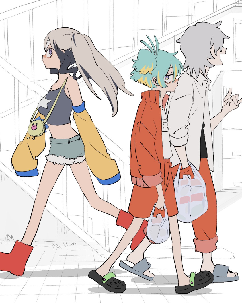 1boy, 2girls, ankle_boots, aqua_hair, bag, bare_shoulders, black_hair, black_shirt