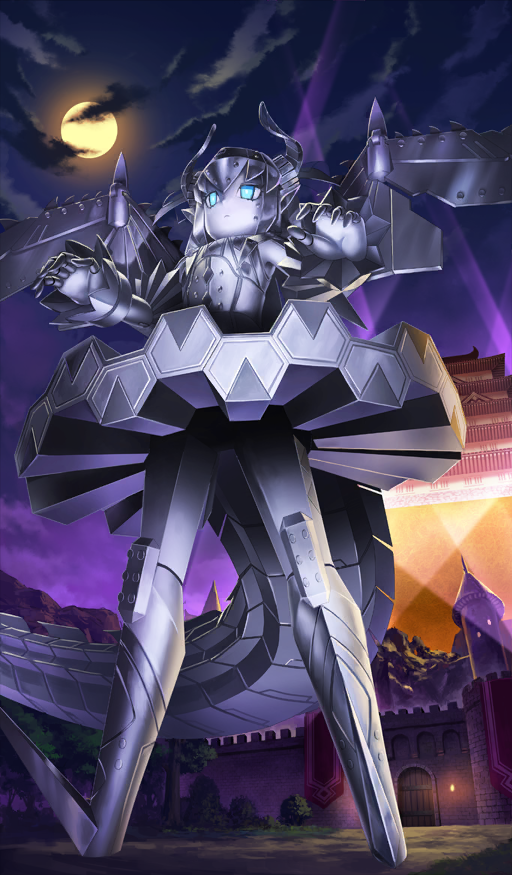 1girl, blue_eyes, castle, clouds, commentary, csejte_pyramid_himeji_castle, dragon_girl, dragon_horns, dragon_tail, elizabeth_bathory_(fate), expressionless, fate/grand_order, fate_(series), from_below, full_moon, giant, giantess, glowing, glowing_eyes, himeji_castle, horns, lasengle, mecha_eli-chan_mk.ii_(fate), mecha_focus, moon, night, night_sky, official_art, outdoors, purple_background, robot_girl, scenery, searchlight, sky, solo, tail, third-party_source