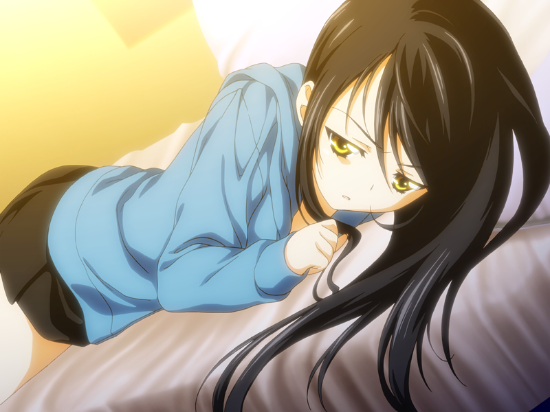 black_hair, bokura_wa_piacere, casual, game_cg, lying, moo_do_dan, skirt, solo, takano_kotoko, yellow_eyes
