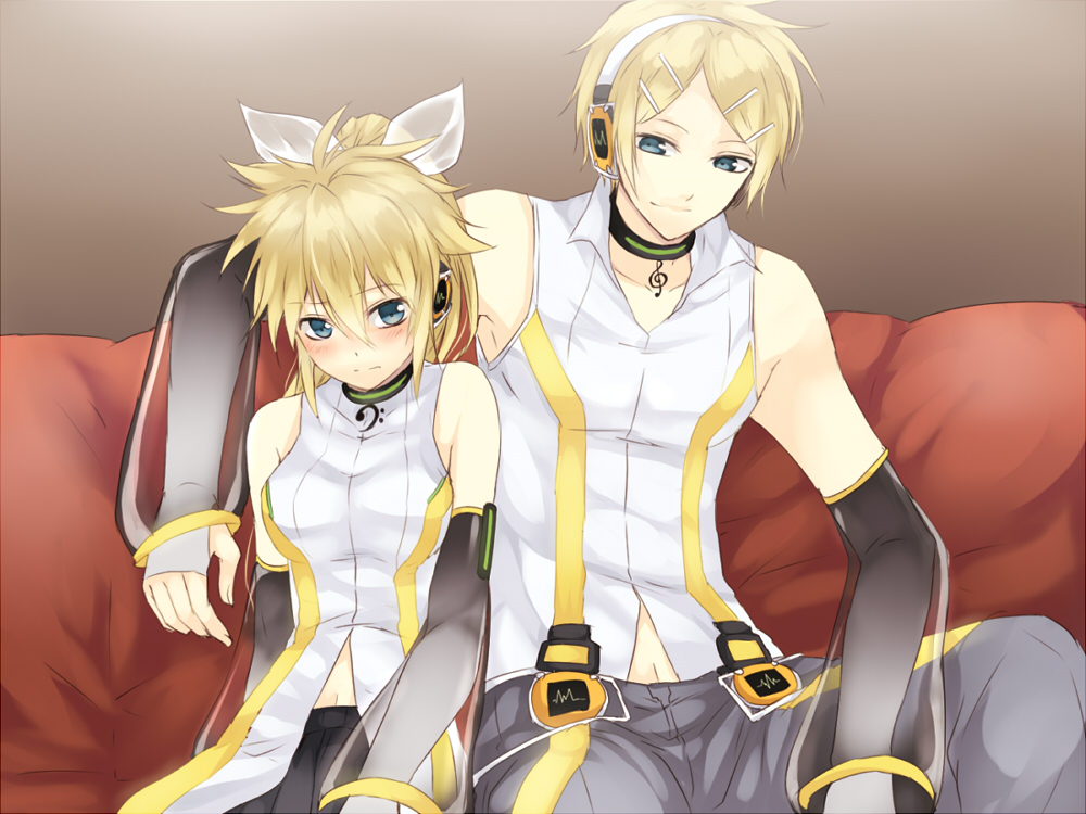 bad_id, blonde_hair, blue_eyes, blush, genderswap, hair_ornament, hairclip, headphones, kagamine_len, kagamine_lenka, kagamine_rin, kagamine_rinto, long_hair, maruki_(punchiki), ponytail, punchiki, siblings, twins, vocaloid, vocaloid_append