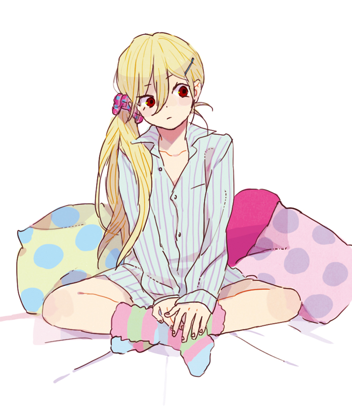 bad_id, blonde_hair, dress_shirt, footwear, hair_ornament, hairclip, inazuma_eleven, inazuma_eleven_(series), long_hair, pillow, red_eyes, shirt, side_ponytail, simio, socks, trap