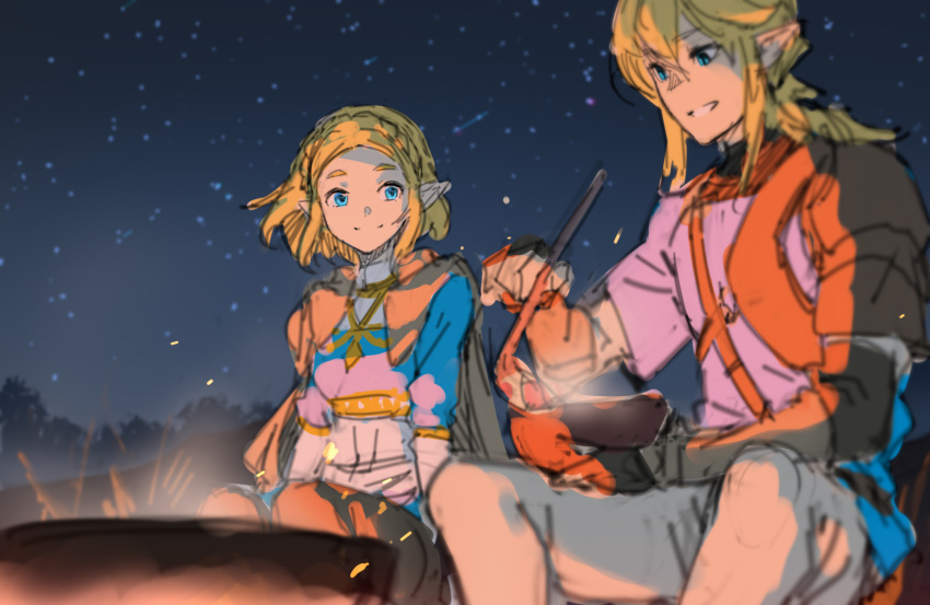 1boy, 1girl, armor, blonde_hair, blue_eyes, blue_tunic, bowl, closed_mouth