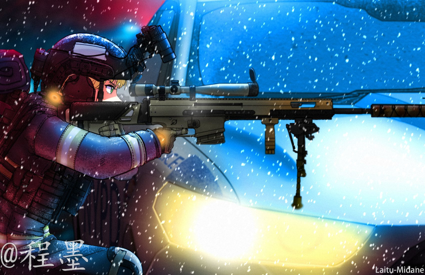 1girl, aiming, artist_name, bipod, blonde_hair, blue_eyes, car, from_side