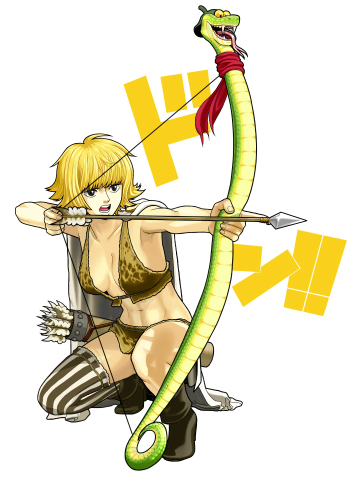 1girl, archery, arrow, asymmetrical_clothes, asymmetrical_clothing, asymmetrical_thigh-highs, bangs, bare_thighs