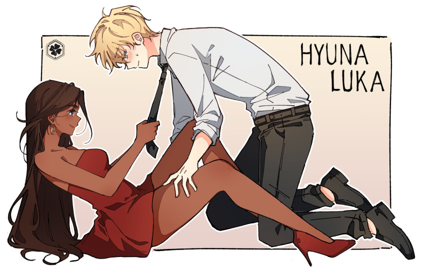 1boy, 1girl, akanichiyu, alien_stage, artist_logo, artist_name, black_necktie, black_pants