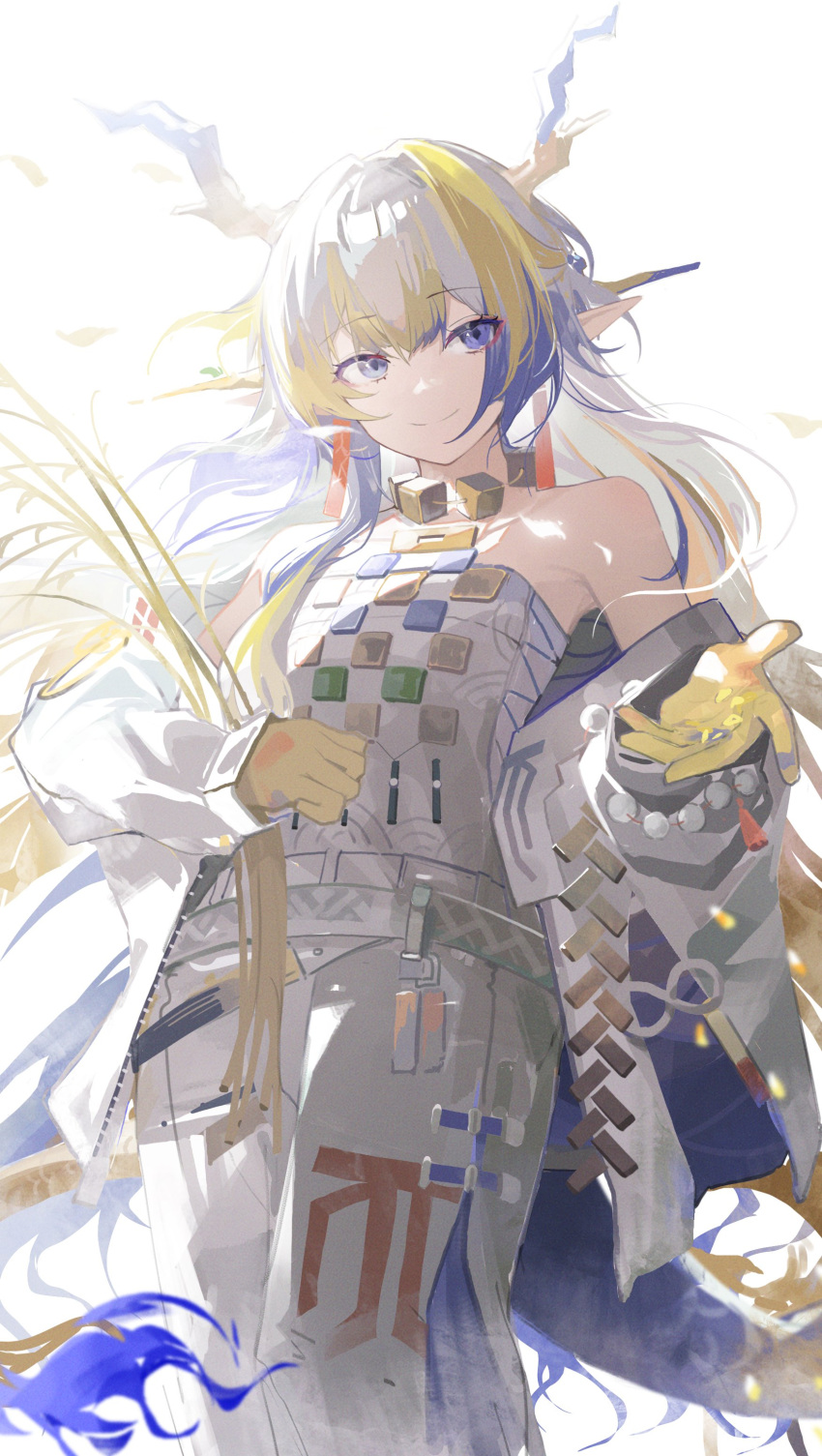 1girl, absurdres, arknights, bare_shoulders, blonde_hair, bloom, closed_mouth, colored_extremities