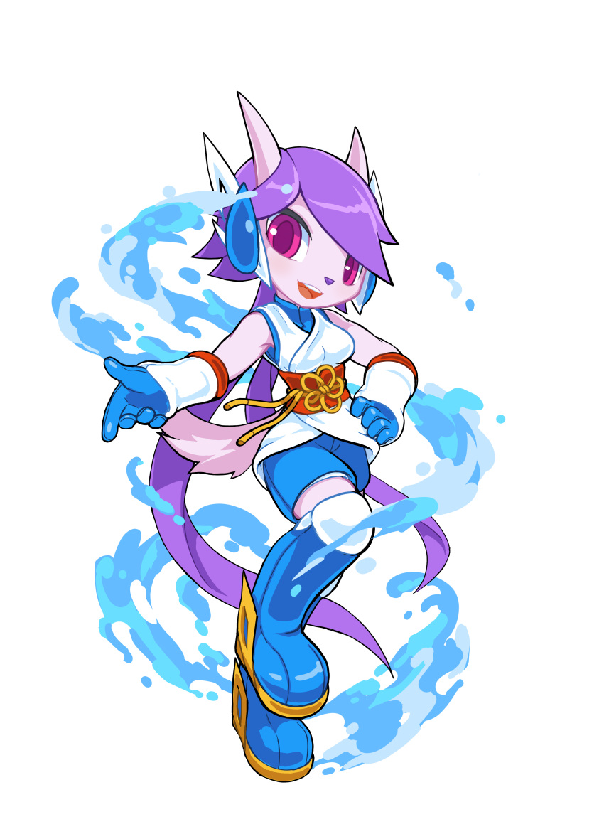 1girl, 2015, absurdres, arm_guards, blue_boots, blue_shirt, blue_shorts, boots