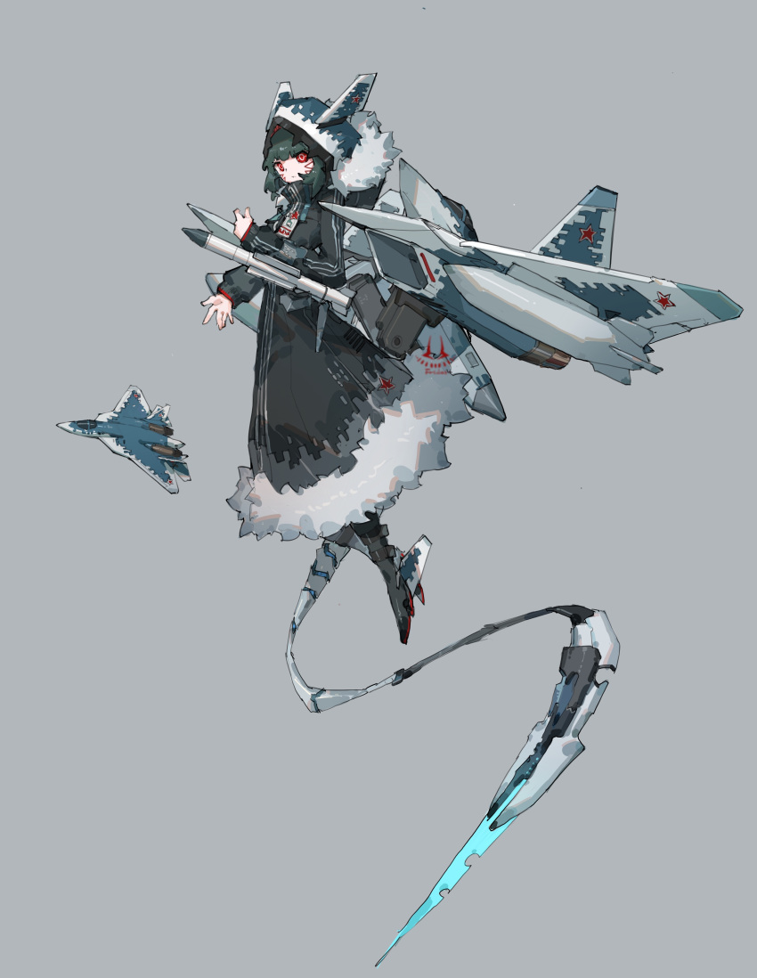 1girl, absurdres, aircraft, airplane, black_hair, camouflage, coat, digital_camouflage