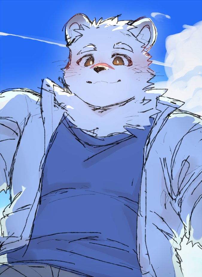 animal_ears, bear, bear_boy, bear_ears, blue_shirt, blue_sky, clouds, cloudy_sky