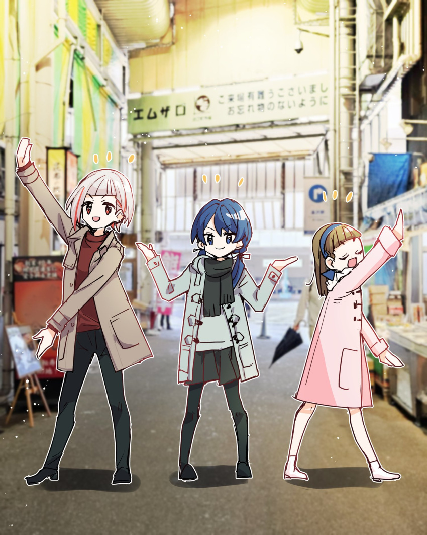 >:), 3girls, :d, black_pants, black_pantyhose, black_scarf, black_shoes, black_skirt, blue_bow, blue_eyes, blue_hair, blue_hairband, blue_ribbon, bob_cut, boots, bow, braid, brown_coat, brown_hair, brown_sweater, center-flap_bangs, closed_eyes, closed_mouth, coat, colored_inner_hair, diagonal_bangs, dollchestra, full_body, grey_coat, grey_sweater, group_pose, hair_bow, hair_ribbon, hairband, hands_up, highres, indoors, inverted_bob, ishikawa_prefecture, kachimachi_kosuzu, kachimachi_kosuzu_(winter_casual), kanazawa_(city), kanduki_kamibukuro, ladybug_(love_live!), link!_like!_love_live!, long_hair, love_live!, low_twintails, miniskirt, multicolored_hair, multiple_girls, murano_sayaka, murano_sayaka_(winter_casual), omicho_market, open_clothes, open_coat, open_mouth, outstretched_arms, pants, pantyhose, photo_background, pink_coat, pleated_skirt, red_eyes, red_hair, ribbon, scarf, shoes, short_hair, side_braids, skirt, smile, standing, streaked_hair, sweater, twintails, u_u, v-shaped_eyebrows, virtual_youtuber, white_boots, white_hair, white_scarf, yugiri_tsuzuri, yugiri_tsuzuri_(winter_casual)