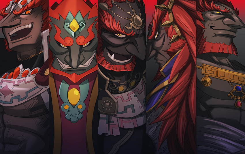 5boys, absurdres, beard, closed_mouth, dark-skinned_male, dark_skin, facial_hair, fang