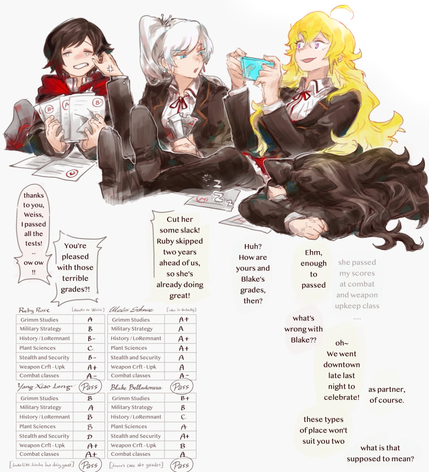 4girls, absurdres, academic_test, ahoge, anger_vein, black_hair, blake_belladonna, blonde_hair