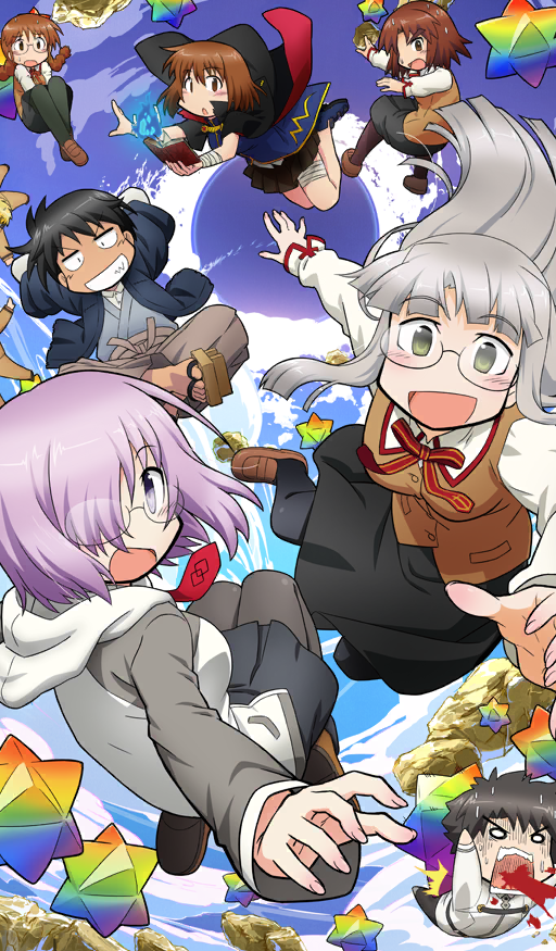 3boys, 6+girls, ars_almadel_salomonis_(fate), black_cape, black_hair, black_haori, black_pantyhose, black_skirt, blonde_hair, blood, blood_from_mouth, blue_fire, blue_shoes, blue_sky, blush_stickers, book, braid, brown_hair, brown_hakama, brown_pants, brown_shoes, brown_vest, cape, chaldea_uniform, commentary, dark-skinned_female, dark_skin, falling, fate/grand_order, fate_(series), fire, fujimaru_ritsuka_(male), full_body, geta, glasses, gotou_gai, green_eyes, grey_hair, grey_jacket, grey_kimono, hair_over_one_eye, hakama, hakama_pants, haori, himuro_kane, himuro_no_tenchi, holding, holding_book, homurabara_academy_school_uniform, jacket, japanese_clothes, kimono, long_sleeves, looking_at_viewer, low_twin_braids, makidera_kaede, mash_kyrielight, medium_hair, medium_skirt, midair, miniskirt, multiple_boys, multiple_girls, nagamori_masato, official_art, open_book, open_mouth, out_of_frame, pants, pantyhose, pink_hair, pleated_skirt, red_ribbon, ribbon, rock, ryuudou_issei, saegusa_yukika, saeki_naomi, saint_quartz_(fate), school_uniform, shirt, shoes, short_hair, sidelocks, skirt, sky, smile, stellated_octahedron, sweat, third-party_source, tomboy, twin_braids, two-sided_cape, two-sided_fabric, v-shaped_eyebrows, vest, violet_eyes, white_jacket, white_shirt