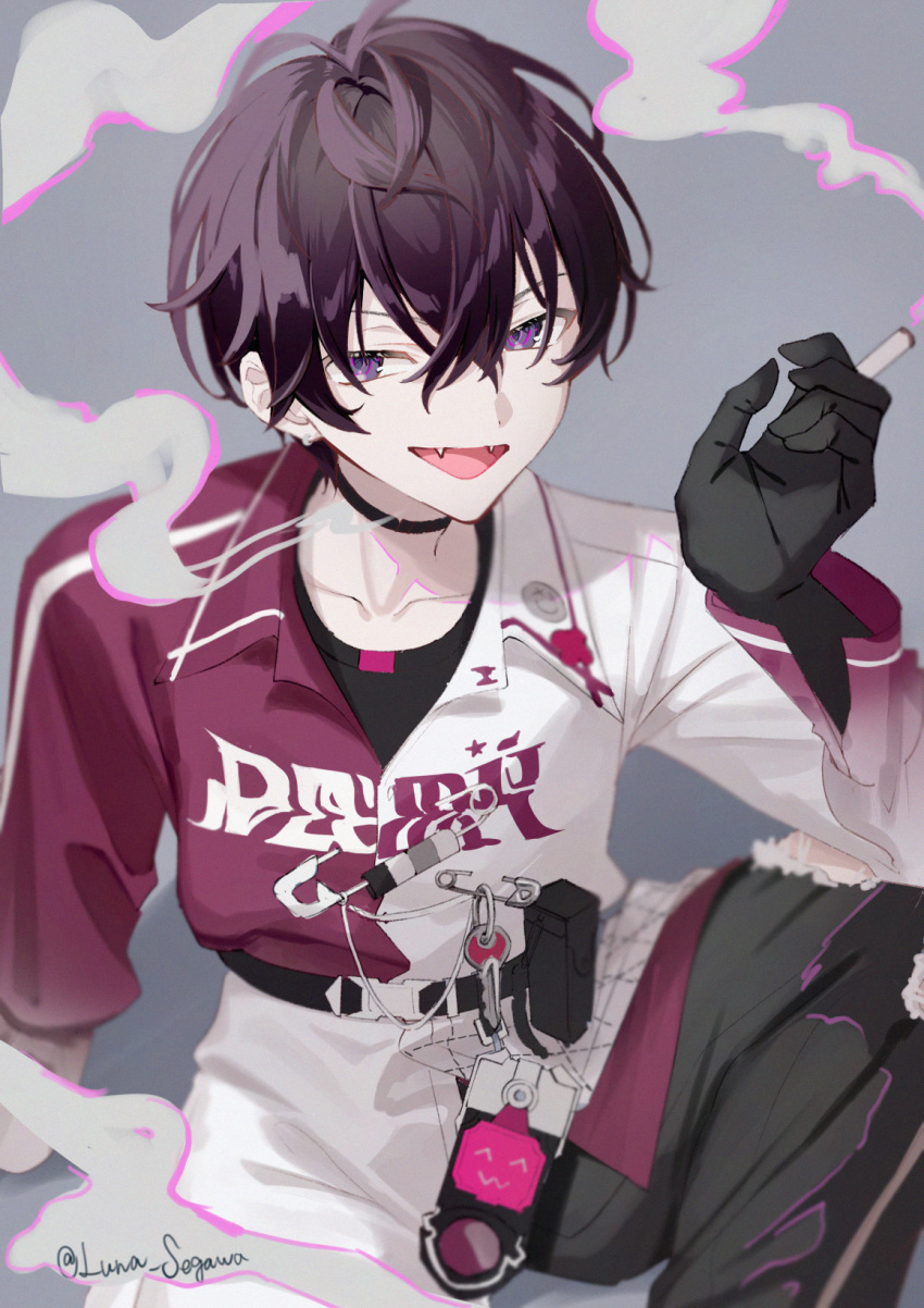 1boy, :d, between_fingers, black_choker, black_pants, brown_hair, choker, cigarette