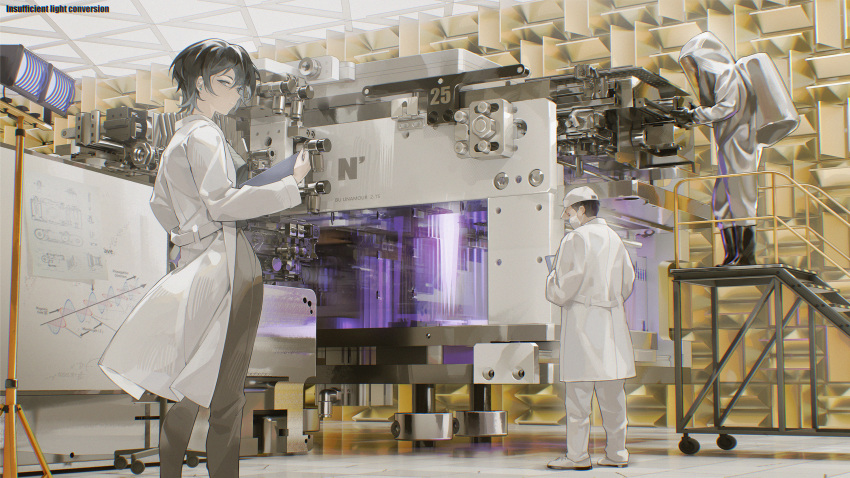 1boy, 1girl, 1other, coat, commentary_request, earrings, grey_pants, hat