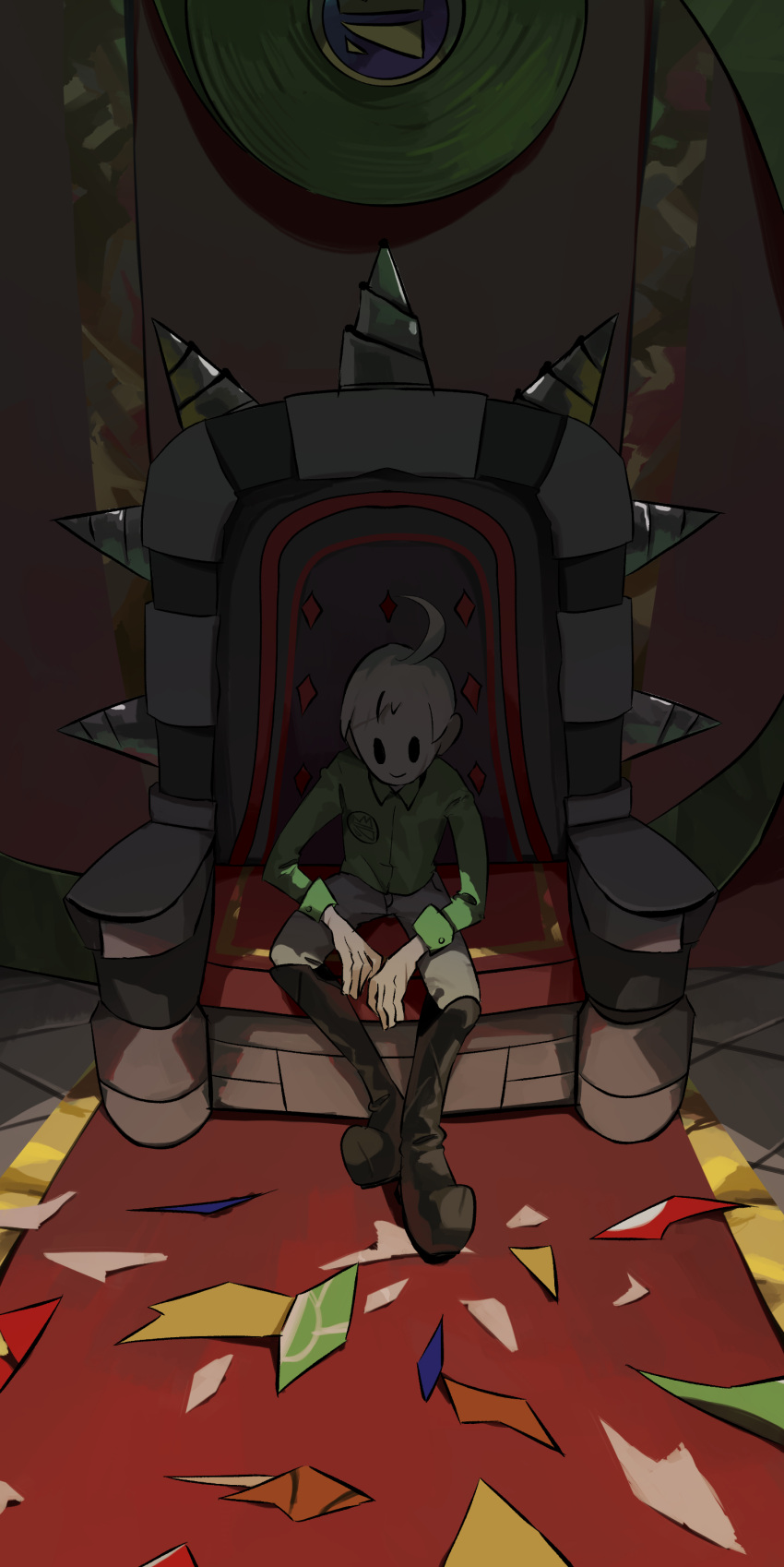 1boy, absurdres, ahoge, arms_on_knees, black_boots, black_eyes, boots, buttons