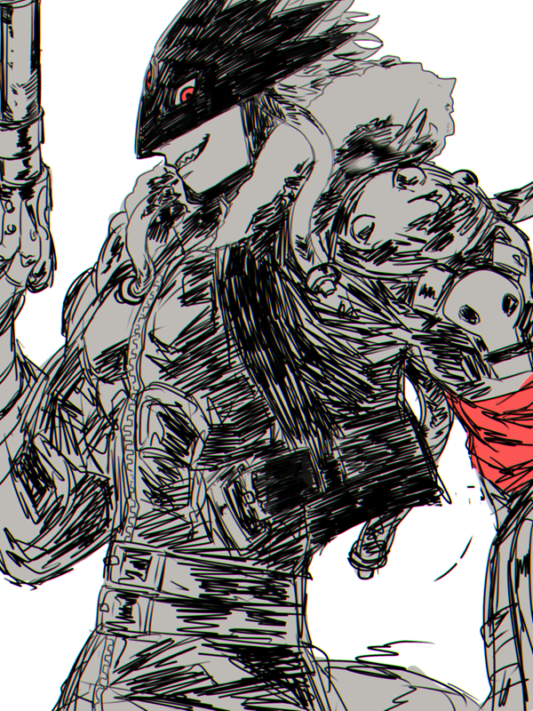 1boy, armor, bandana, bandana_around_arm, beelzebumon, belt, broad_shoulders, covered_abs, cowboy_shot, demon, demon_boy, digimon, digimon_(creature), from_side, fur-trimmed_jacket, fur_trim, greyscale, grin, gun, helmet, hid009, holding, holding_gun, holding_weapon, jacket, leather, leather_belt, leather_jacket, leather_pants, leather_shirt, looking_at_viewer, male_focus, mask, monochrome, monster_boy, multiple_belts, open_clothes, open_jacket, pants, pauldrons, red_bandana, red_eyes, sharp_teeth, short_hair, shoulder_armor, simple_background, skull_print, smile, solo, spiky_hair, spot_color, studded_pauldrons, tail, teeth, third_eye, toned, toned_male, weapon, white_background, white_trim, zipper
