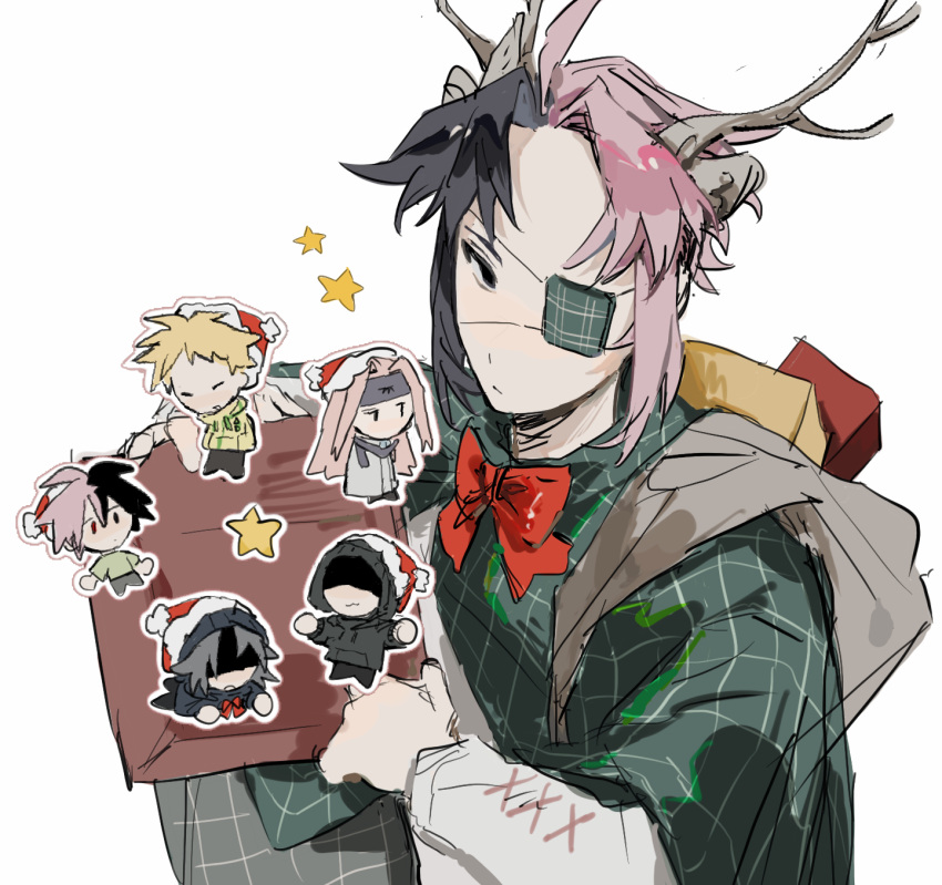 1girl, 5boys, :3, alternate_costume, animal_ears, antlers, black_eyes, black_hair