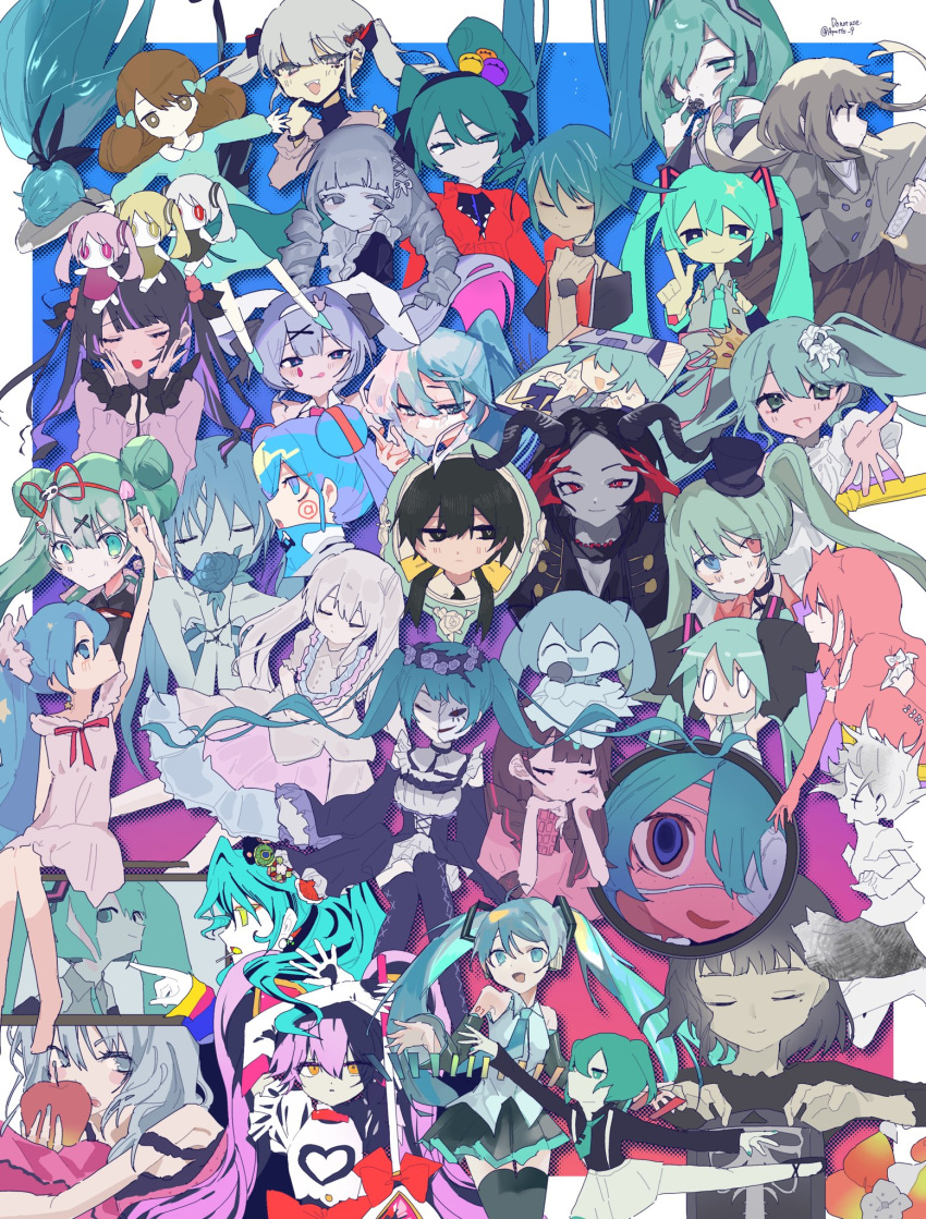 0_0, 6+girls, alkali_rettousei_(vocaloid), animal_ears, annotated, apple, apricot_(vocaloid), apu_(aputto_9), aqua_eyes, aqua_hair, bird, black_eyes, black_hair, black_shirt, black_skirt, black_thighhighs, blue_hair, blush, bow, brown_hair, chibi, choker, circus_panic!!!_(vocaloid), closed_eyes, closed_mouth, copyright_request, crow, detached_sleeves, double_bun, dress, echo_(higma), english_text, eyepatch, fake_animal_ears, floating_hair, flower, food, fruit, green_hair, grey_hair, grey_jacket, hair_bow, hair_bun, hair_flower, hair_ornament, hair_over_one_eye, hairband, half_mask, hana_ni_kaze_(vocaloid), hana_wo_utau_(vocaloid), hand_mirror, hao_(vocaloid), hat, hatsune_miku, head_wreath, headset, heart, highres, holding, holding_flower, holding_microphone, holding_wand, horns, index_finger_raised, invisible_chair, iyowa_girls, jacket, long_hair, looking_at_viewer, mask, mask_pull, medical_eyepatch, microphone, mini_hat, mini_top_hat, mirror, monitor, monitoring_(vocaloid), mouth_mask, multiple_girls, multiple_persona, necktie, nee_nee_nee._(vocaloid), open_mouth, otome_kaibou_(vocaloid), outstretched_arm, pink_dress, pink_shirt, psi_(vocaloid), rabbit_ears, rabbit_hole_(vocaloid), reaching, reaching_towards_viewer, red_dress, red_eyes, riko_(iyowa), ririka_(#compass), romeo_to_cinderella_(vocaloid), rurubu_(vocaloid), shirt, short_hair, shuuen_touhikou_(vocaloid), sitting, skirt, sleeveless, sleeveless_shirt, smile, standing, standing_on_one_leg, suspender_skirt, suspenders, teardrop_facial_mark, thigh-highs, top_hat, twintails, twitter_username, unknown_mother_goose_(vocaloid), vampire_(vocaloid), vocaloid, wand, white_dress, x-ray_film, x_hair_ornament, yellow_eyes