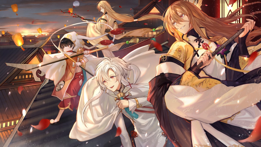 4boys, :d, architecture, bangle, black_bridal_gauntlets, black_hair, black_sash, black_shawl