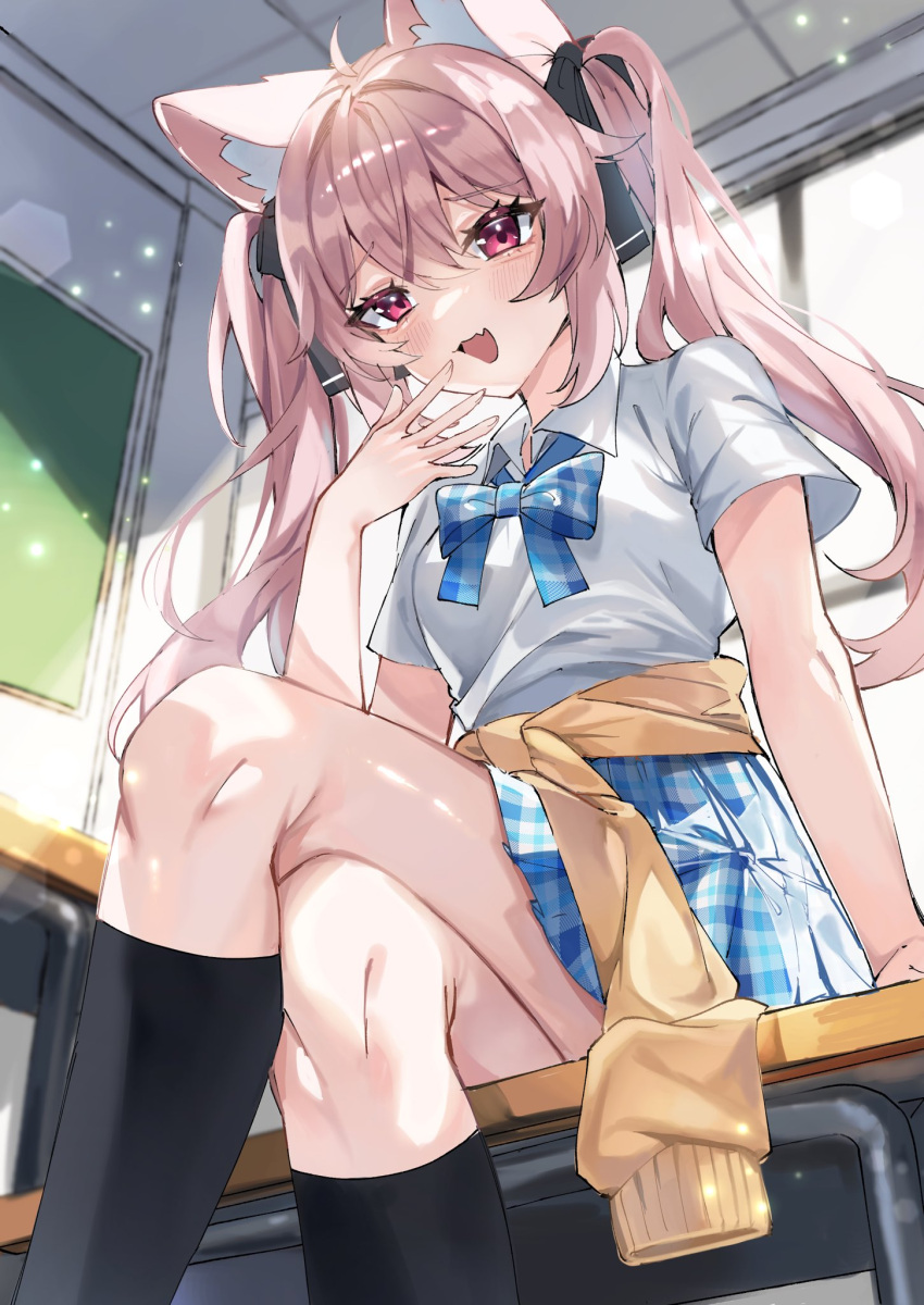 1girl, :d, ahoge, animal_ear_fluff, animal_ears, black_ribbon, black_socks, blue_bow