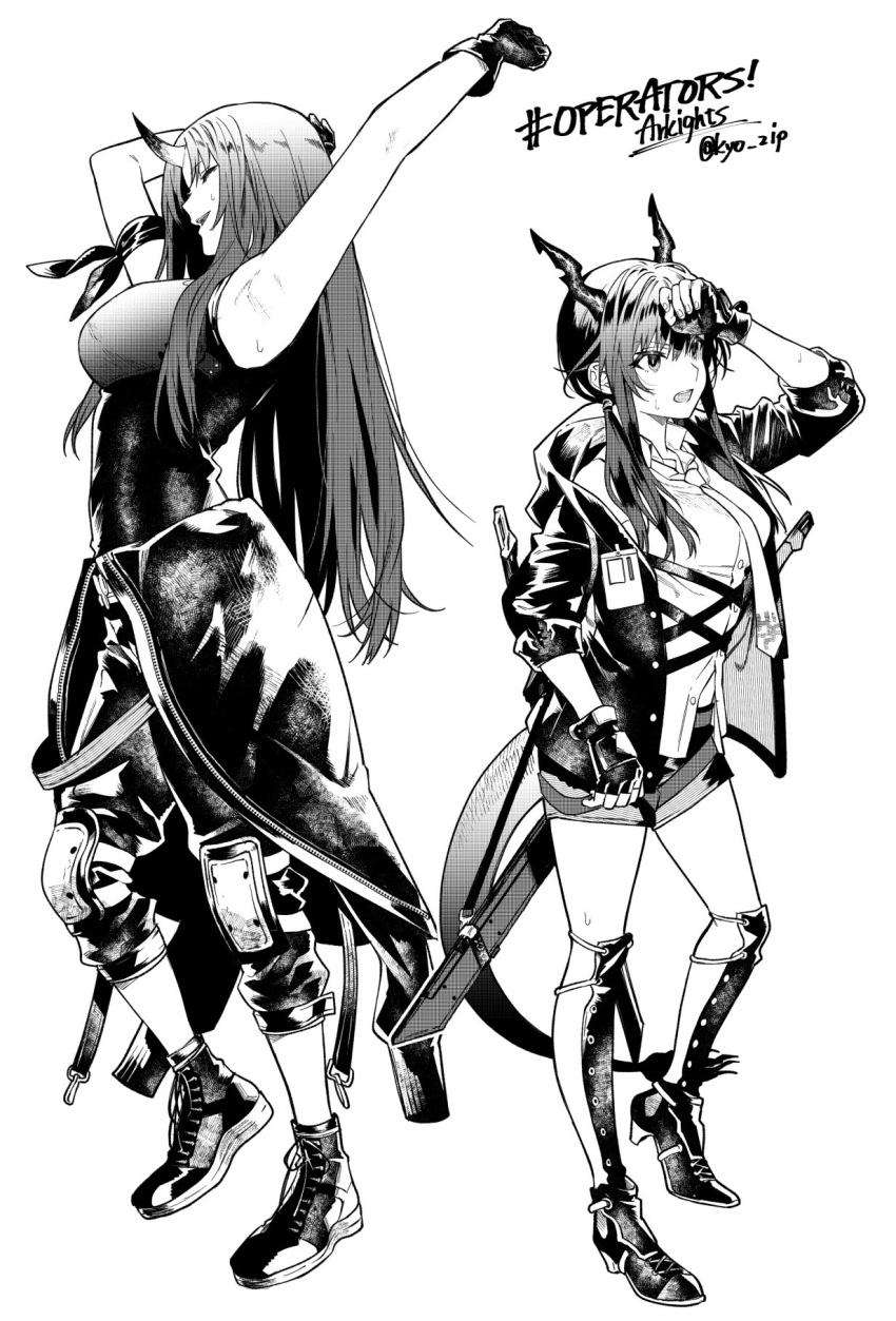 2girls, ankle_boots, arknights, armband, armpits, boots, capri_pants, ch'en_(arknights)