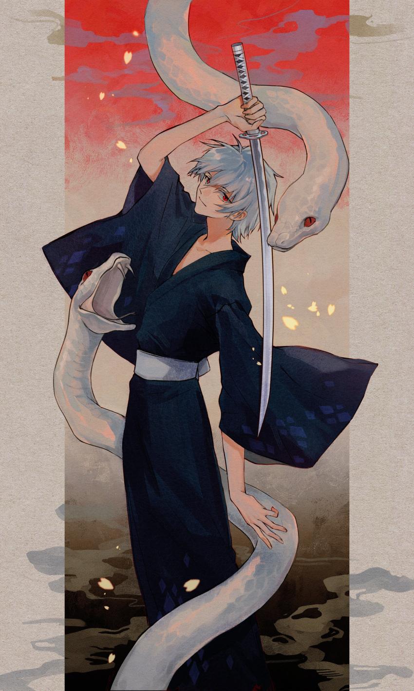 1boy, absurdres, adam's_apple, animal, arm_up, blue_kimono, chinese_zodiac, closed_mouth, collarbone, commentary_request, falling_petals, fangs, feet_out_of_frame, hair_between_eyes, highres, holding, holding_sword, holding_weapon, japanese_clothes, kimono, looking_at_animal, male_focus, nagisa_kaworu, neon_genesis_evangelion, petals, red_eyes, short_hair, short_sleeves, slit_pupils, smile, smoke, snake, solo, standing, sword, weapon, white_hair, white_snake, wide_sleeves, wuluan_(sasishuibulabo), year_of_the_snake, yukata