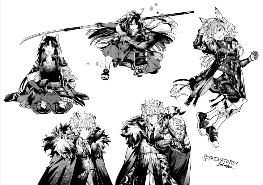 1boy, 2girls, animal_ear_fluff, animal_ears, arknights, armor, baggy_pants, beads