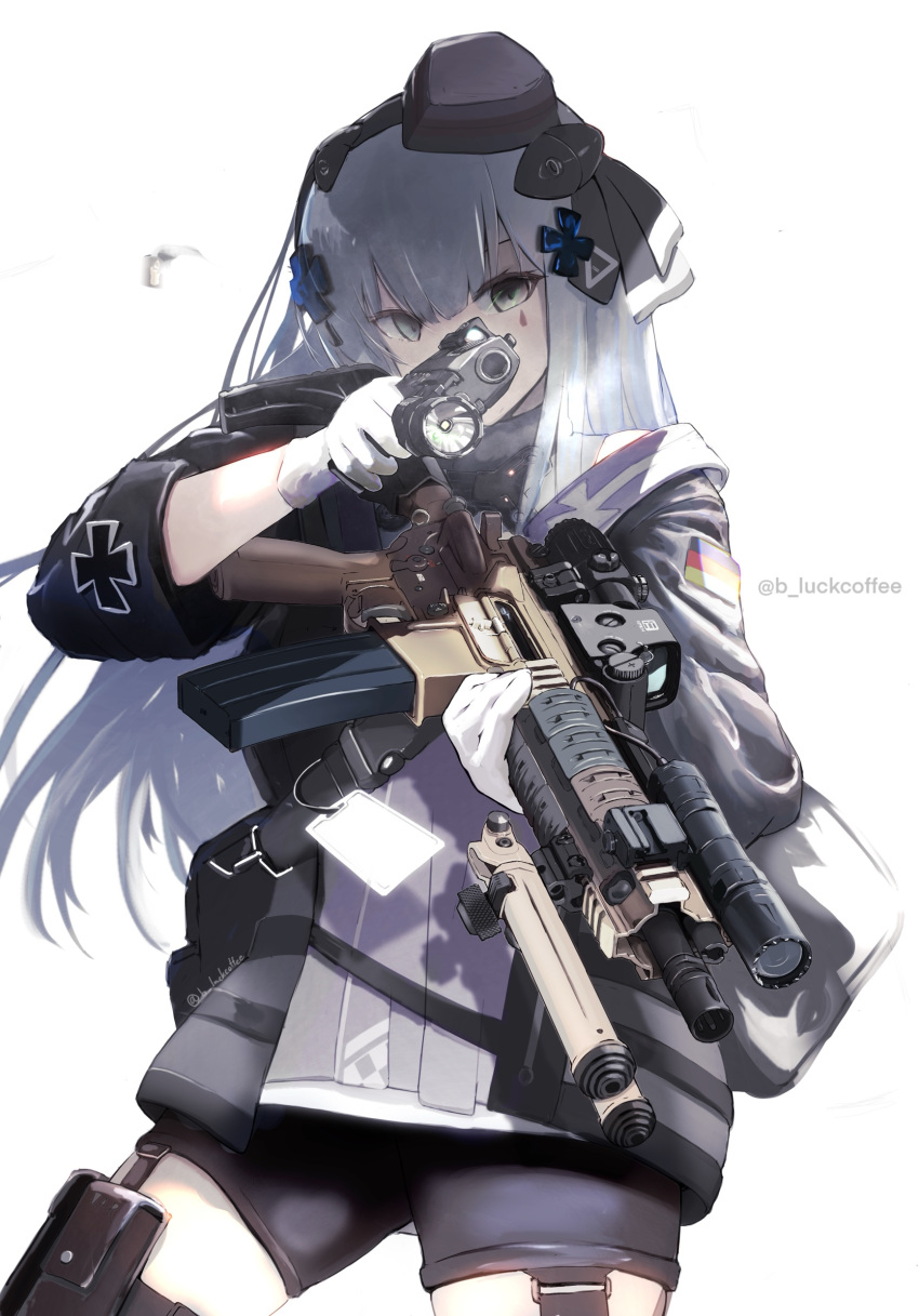 1girl, acog, aiming, aiming_at_viewer, assault_rifle, b-luck_coffee, cross, finger_on_trigger