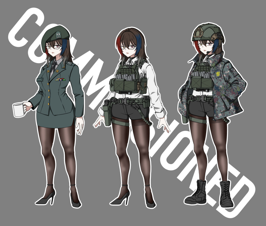 1girl, absurdres, ammunition_pouch, belt, beret, black_necktie, black_pantyhose, black_shorts, blue_hair, boots, brown_eyes, brown_hair, bulletproof_vest, camouflage, camouflage_headwear, camouflage_jacket, closed_mouth, coffee_mug, collared_shirt, combat_boots, combat_helmet, cup, dress_shirt, full_body, glasses, green_jacket, grey_background, grey_eyes, grey_jacket, gun, hair_between_eyes, handgun, hands_in_pockets, hat, headset, helmet, high_heel_boots, high_heels, highres, holding, holding_cup, holster, holstered, jacket, lace-up_boots, load_bearing_vest, long_sleeves, looking_at_viewer, magazine_(weapon), military, military_jacket, military_uniform, mug, multicolored_hair, multiple_views, necktie, office_lady, open_clothes, open_jacket, original, pantyhose, pantyhose_under_shorts, pencil_skirt, police, pouch, red_hair, shirt, short_shorts, shorts, simple_background, skirt, skirt_suit, soldier, streaked_hair, suit, tacticalhoshino, thigh_holster, utility_belt, variations, weapon, white_shirt