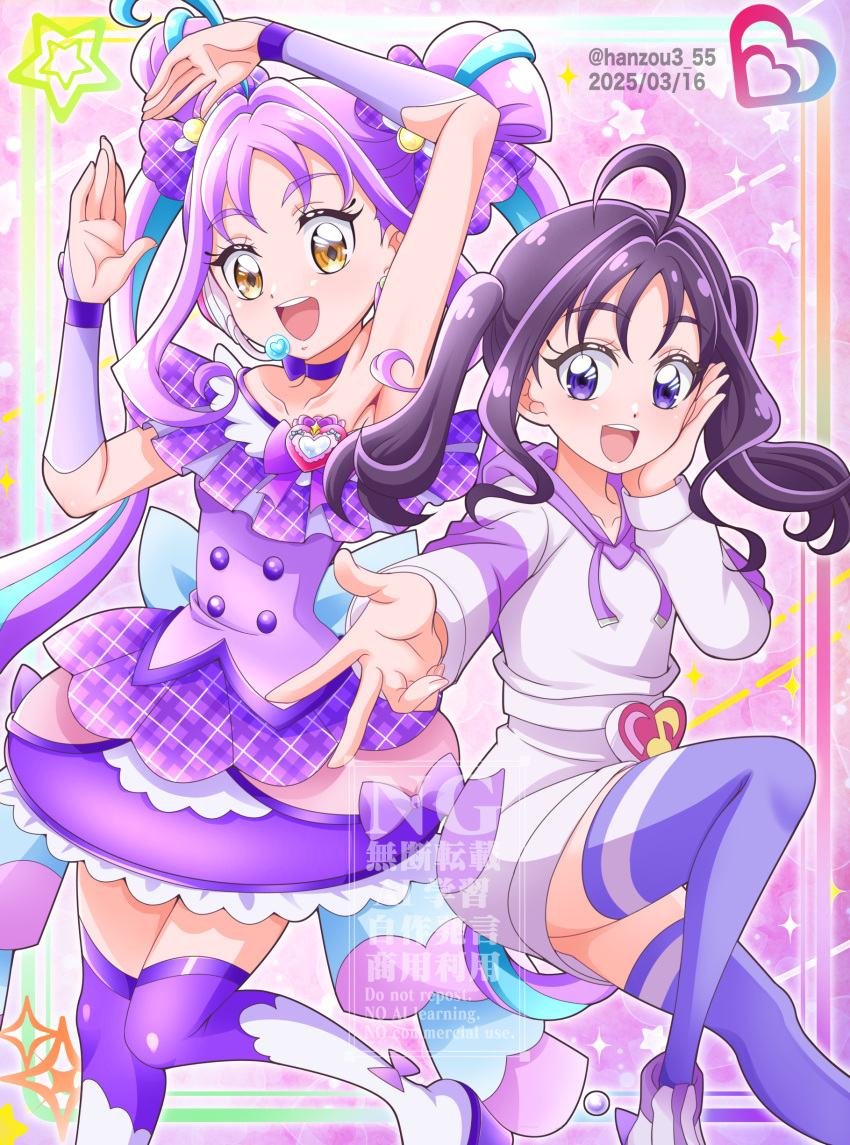 absurdres, ahoge, armpits, blue_hair, bow, choker, cure_kyunkyun, dated, dress, dual_persona, hair_bow, hair_bun, hanzou, headset, highres, jacket, jewelry, kimi_to_idol_precure, long_hair, long_sleeves, looking_at_viewer, magical_girl, multicolored_hair, open_mouth, precure, purple_bow, purple_choker, purple_dress, purple_hair, purple_thighhighs, shigure_kokoro, skirt, takamori_natsumi, thigh-highs, thighs, twintails, twitter_username, two-tone_hair, yellow_eyes