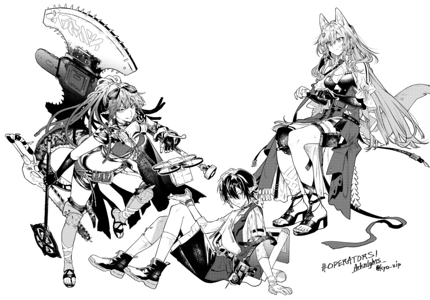 1boy, 2girls, animal_ear_fluff, arknights, asymmetrical_gloves, axe, belt_pouch, braid