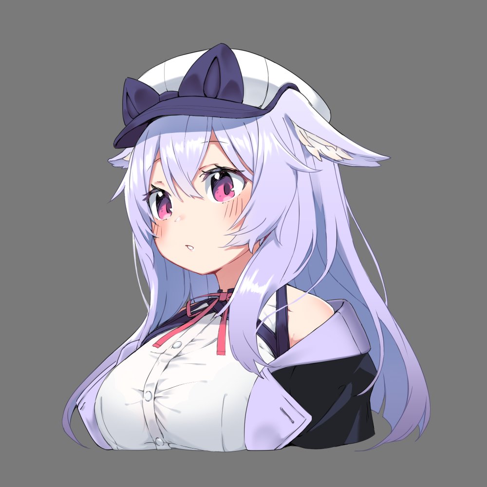 1girl, :o, animal_ear_fluff, animal_ears, bare_shoulders, black_jacket, blush, bow, bra_strap, bra_visible_through_clothes, breasts, buttons, cabbie_hat, cat_ears, cat_girl, collared_shirt, cropped_arms, cropped_torso, dress_shirt, ears_down, ears_through_headwear, grey_background, hair_between_eyes, hat, hat_bow, hop_step_jan, jacket, kikyo_(vrchat), large_breasts, long_hair, long_sleeves, looking_at_viewer, looking_to_the_side, medium_breasts, neck_ribbon, off_shoulder, open_clothes, open_jacket, parted_lips, pink_eyes, pink_ribbon, purple_bow, purple_hair, purple_jacket, purple_ribbon, red_ribbon, ribbon, shirt, sidelocks, simple_background, sleeveless, sleeveless_shirt, solo, upper_body, violet_eyes, vrchat, white_shirt