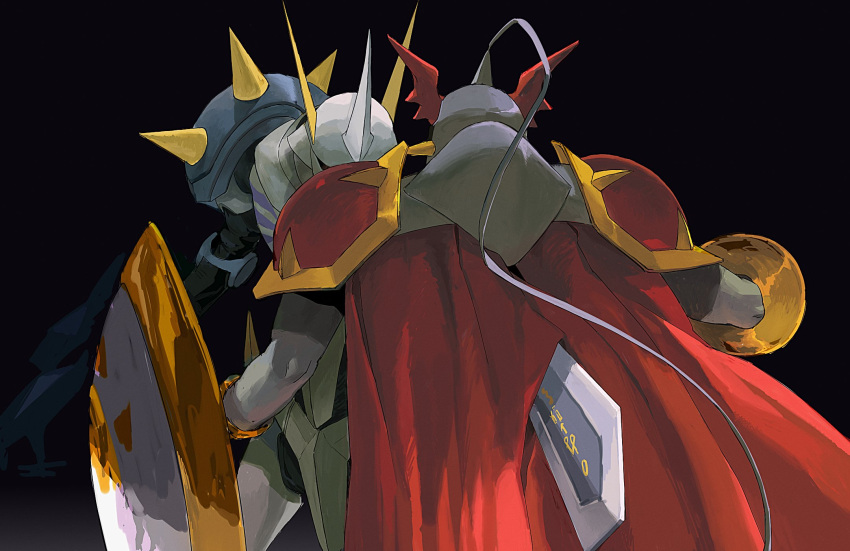 2boys, armor, back_turned, black_background, buckler, cape, digimon, digimon_(creature)