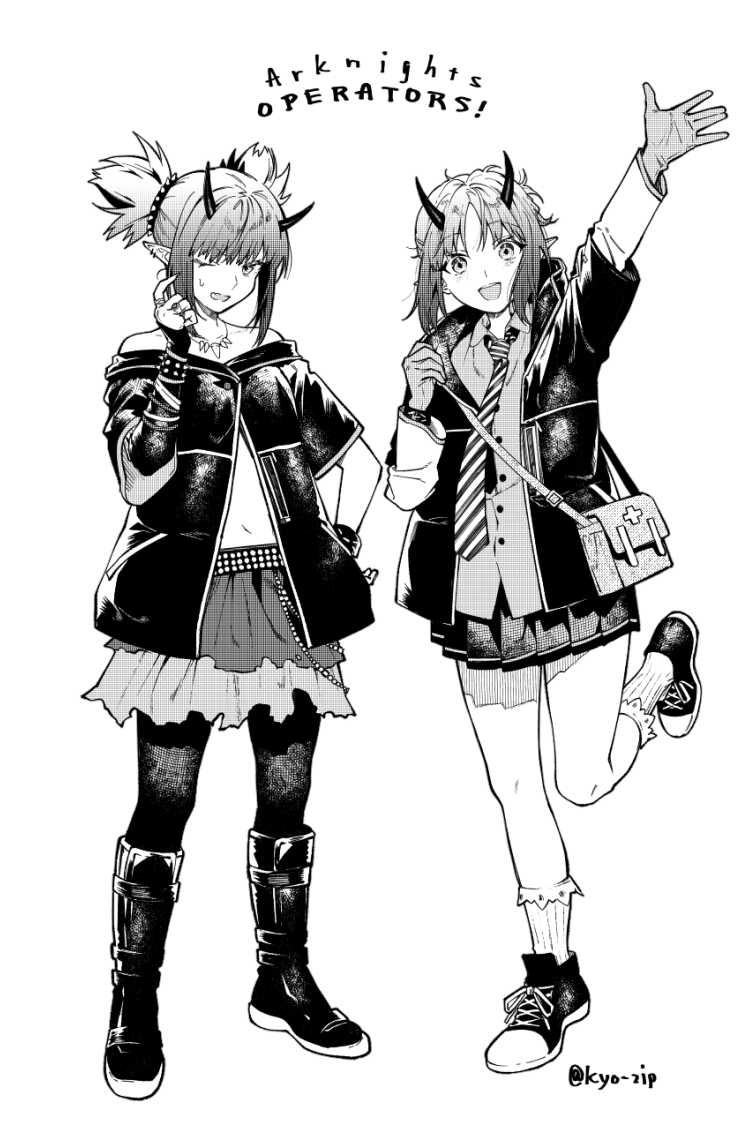 2girls, arknights, asymmetrical_gloves, bag, belly_chain, boots, diagonal-striped_clothes, diagonal-striped_necktie