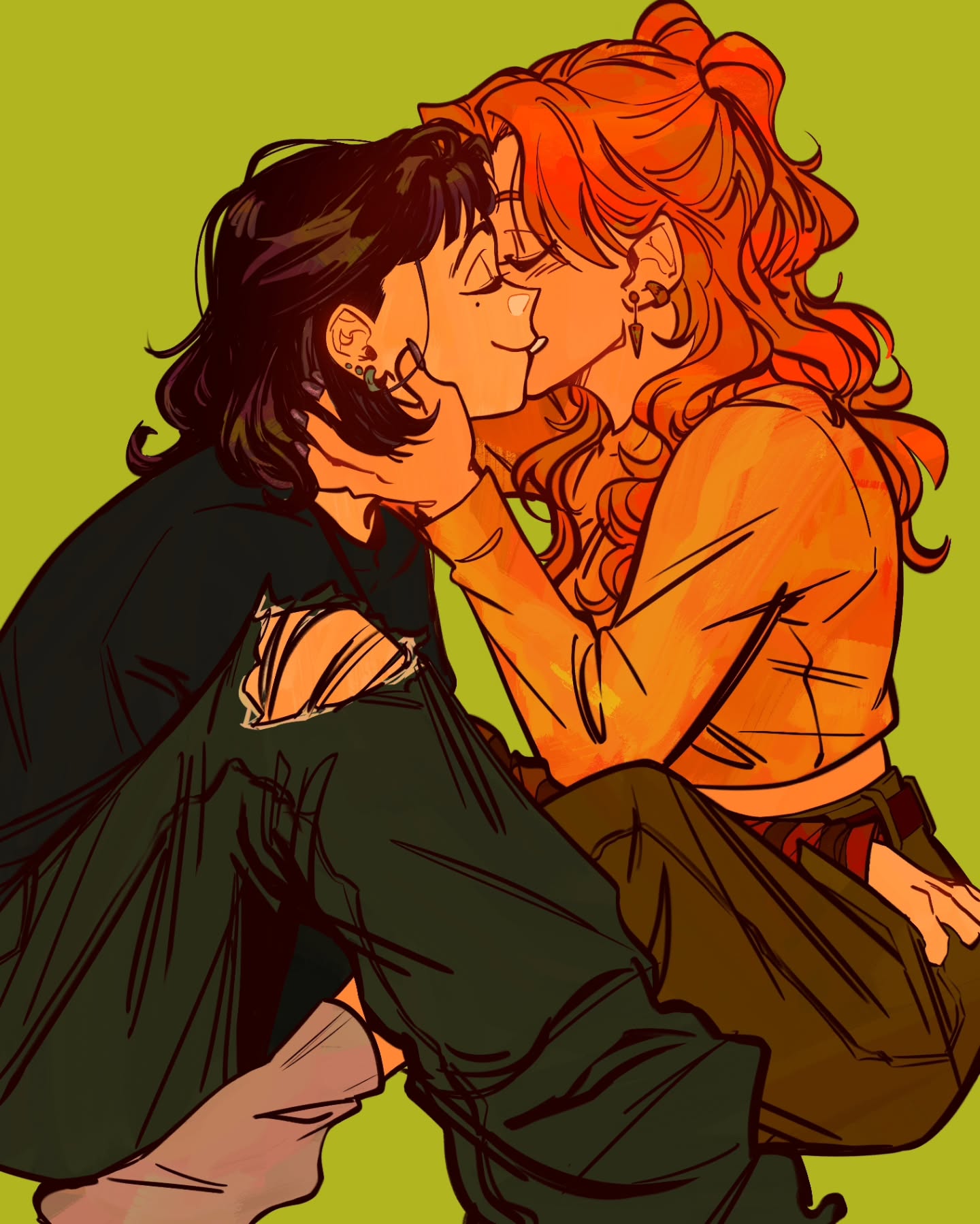2girls, baggy_pants, black_hair, black_shirt, closed_eyes, commentary, cropped_shirt, earrings