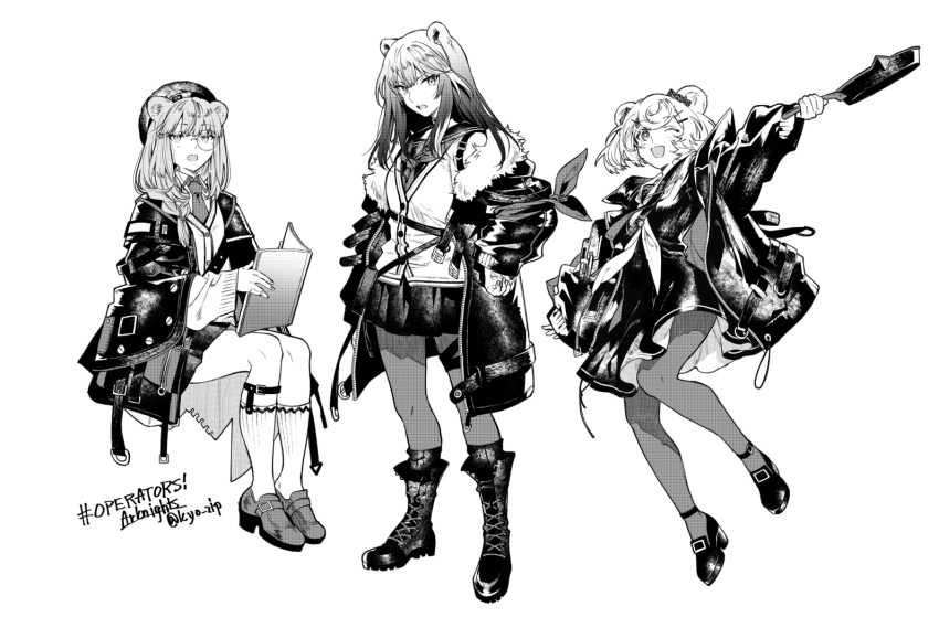 3girls, animal_ears, arknights, armband, bear_ears, belt_pouch, beret, black_skirt