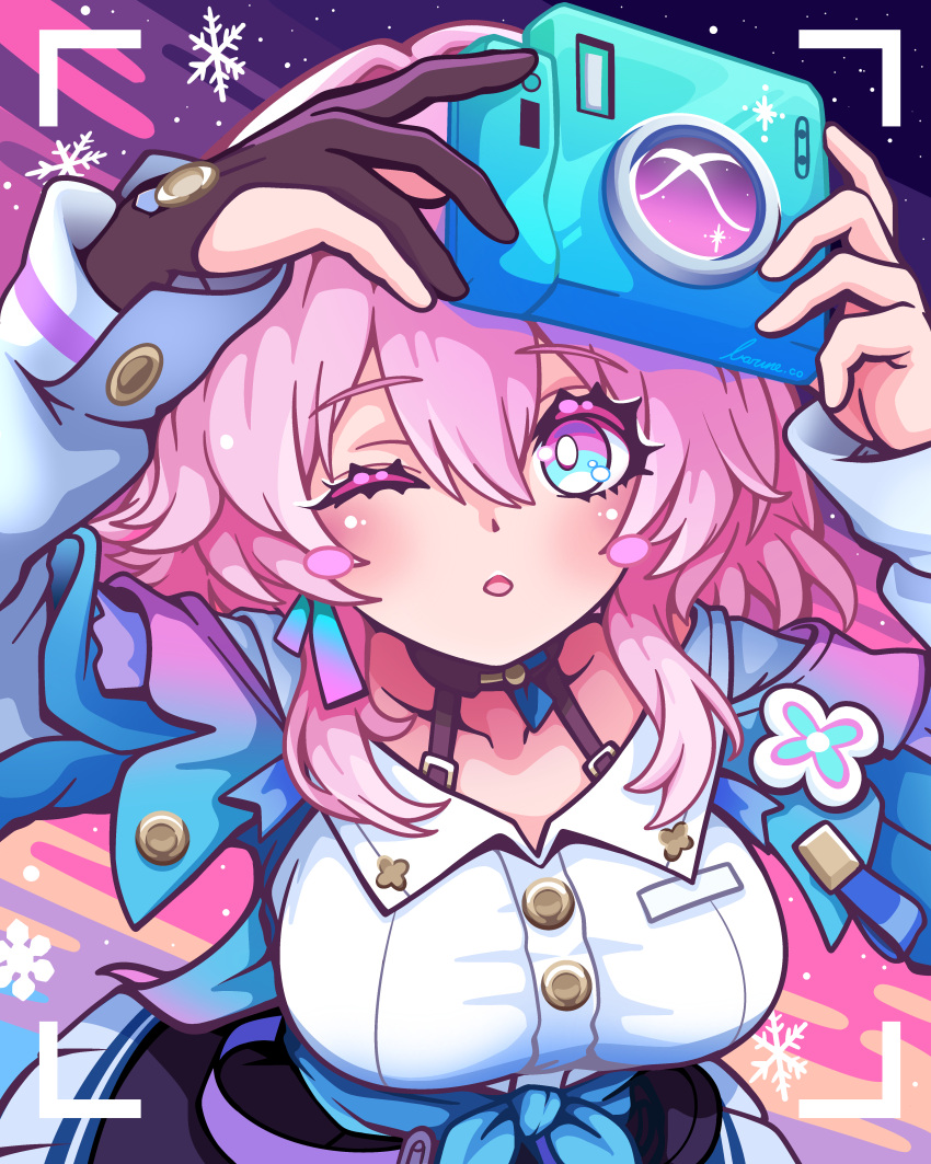 1girl, absurdres, archery_shooting_glove, black_choker, black_gloves, black_overskirt, blue_eyes, blue_jacket