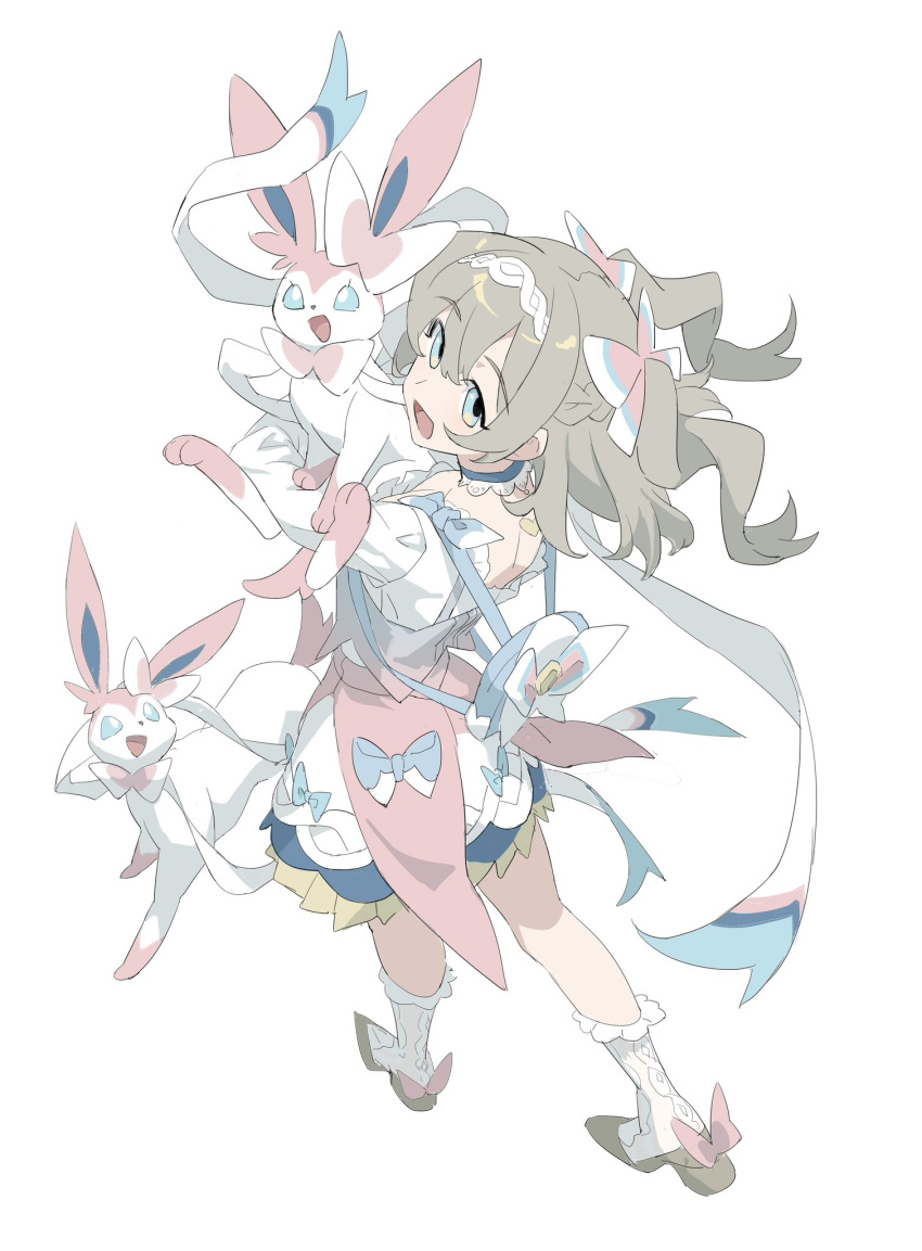 1girl, blue_bow, blue_eyes, bow, brown_hair, brown_shoes, dress, full_body