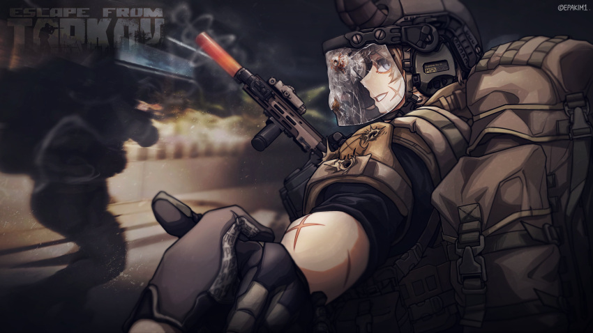 1girl, 1other, 2girls, absurdres, artist_name, assault_rifle, backpack, bag