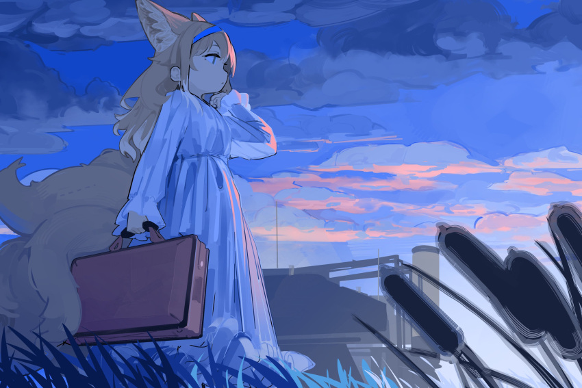 1girl, animal_ear_fluff, animal_ears, arknights, blonde_hair, blue_eyes, blue_hairband, briefcase